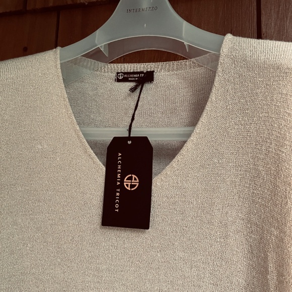 ALCHEMIA TRICOT 🇮🇹 Italy Women Long Sleeve Metallic Sweater Dress M White Gold - Picture 4 of 13
